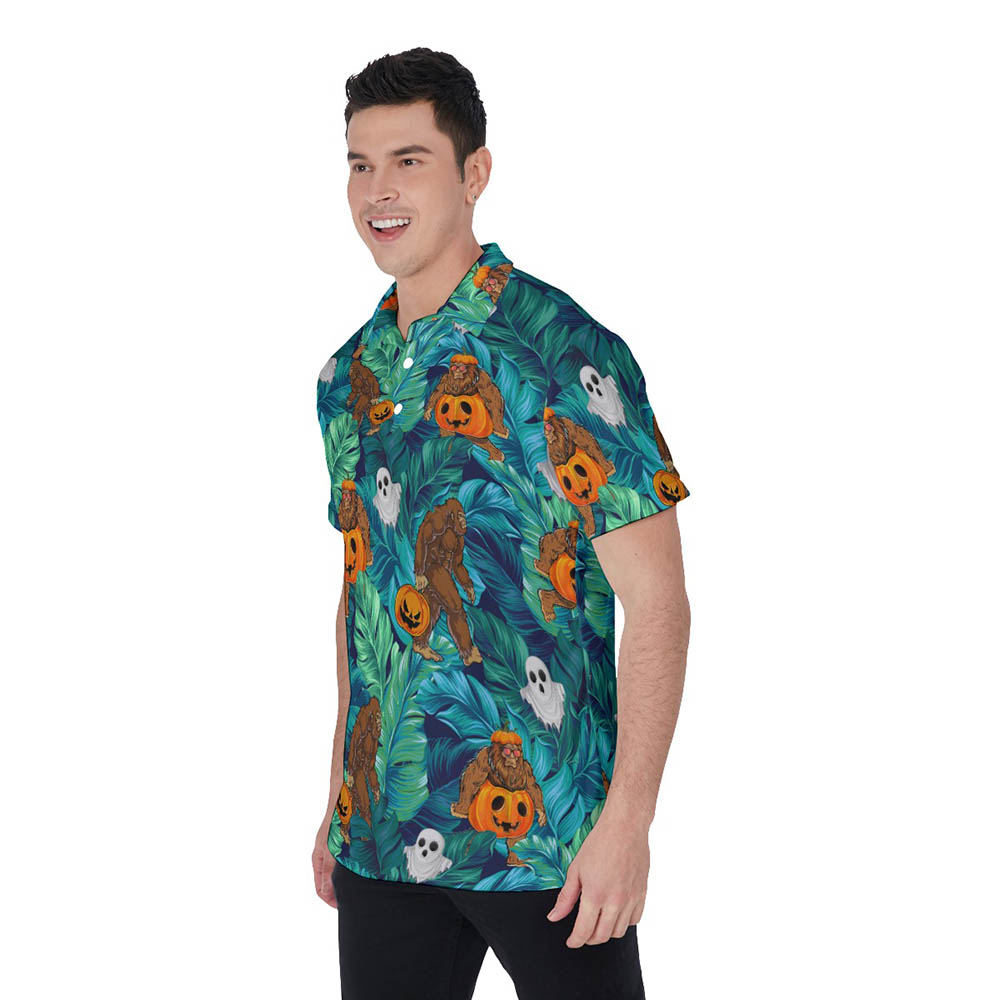 Bigfoot Pumpkin Halloween Hawaiian Polo Shirt For Men
