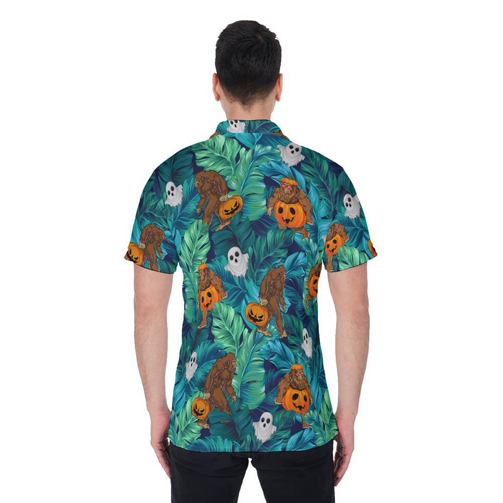 Bigfoot Pumpkin Halloween Hawaiian Polo Shirt For Men