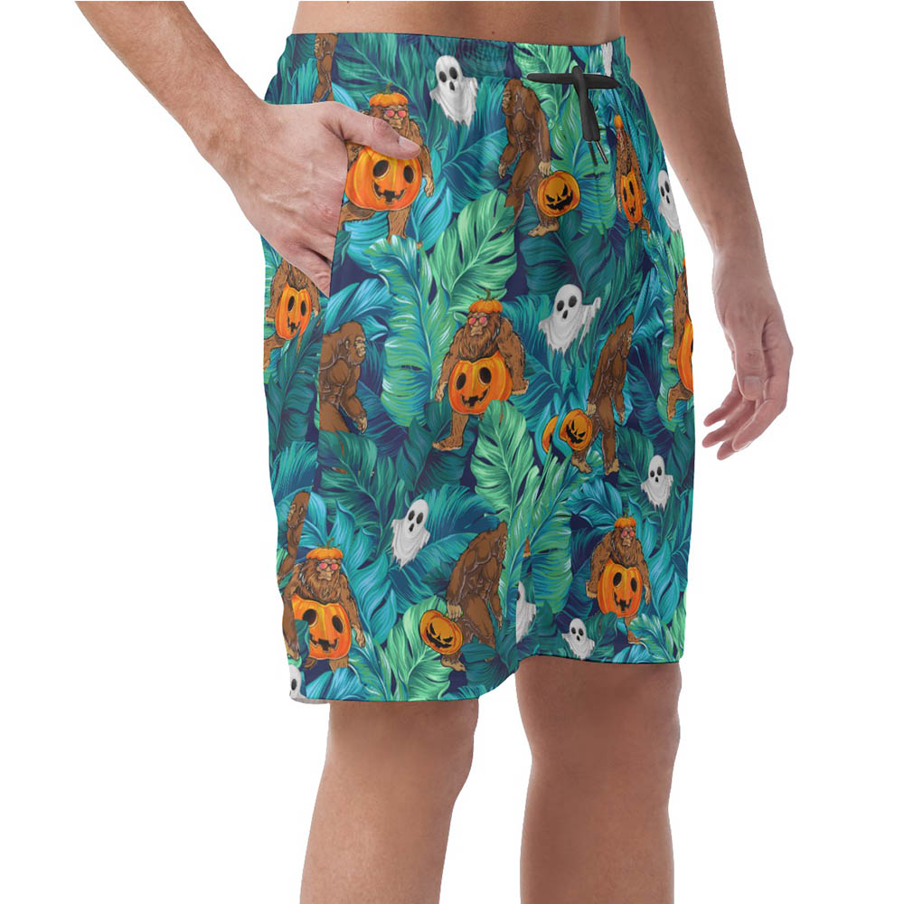 Funny Bigfoot Pumpkin Tropical Halloween Hawaiian Beach Shorts For Men