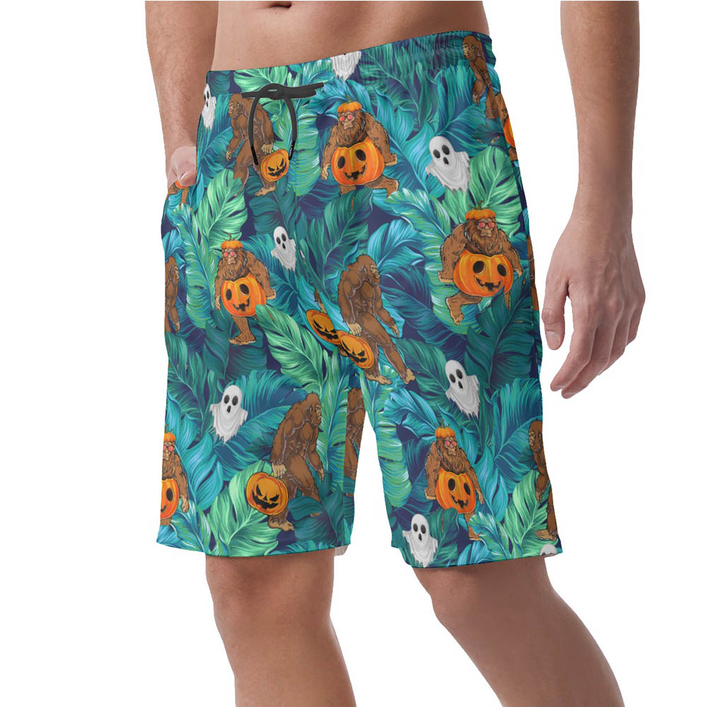Funny Bigfoot Pumpkin Tropical Halloween Hawaiian Beach Shorts For Men
