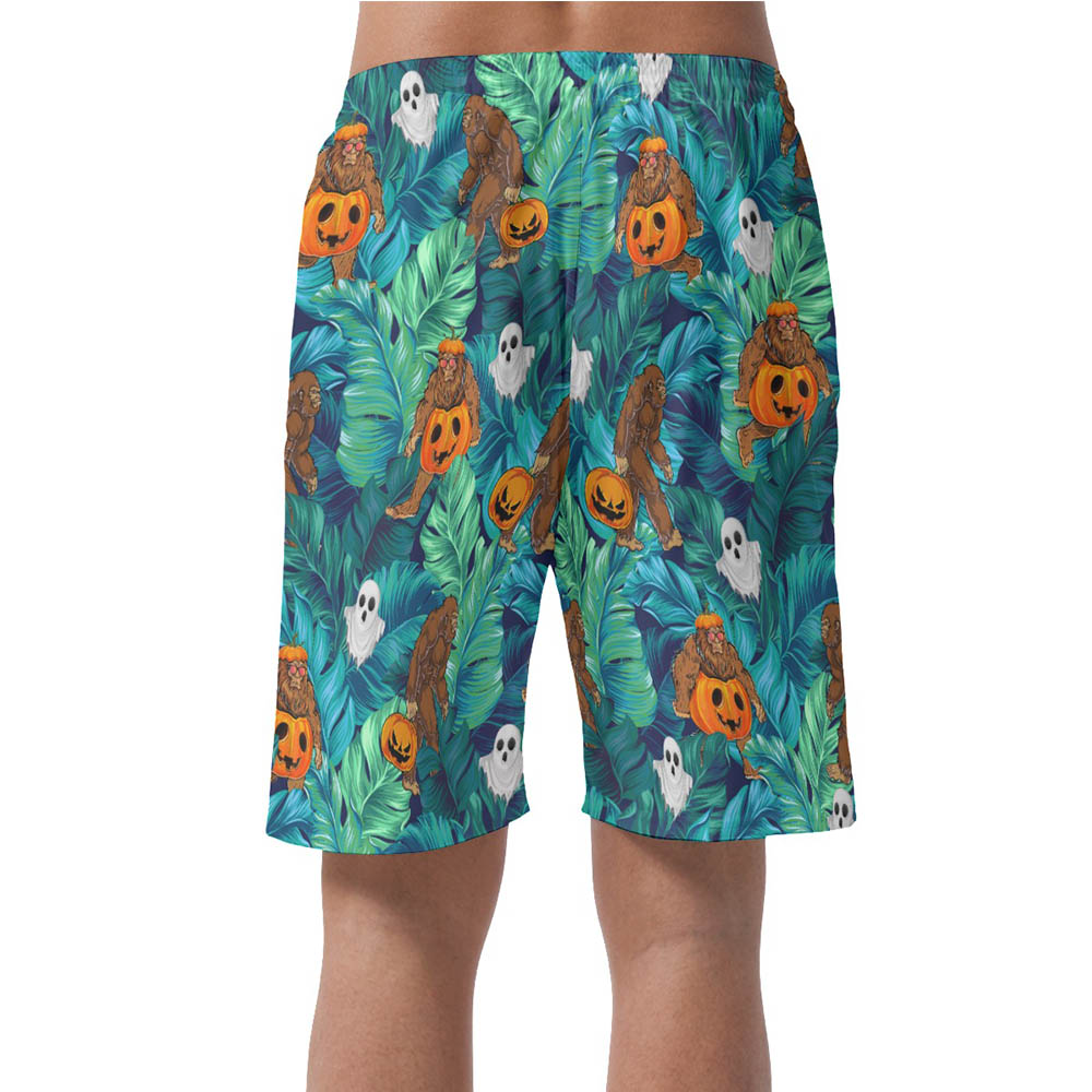 Funny Bigfoot Pumpkin Tropical Halloween Hawaiian Beach Shorts For Men