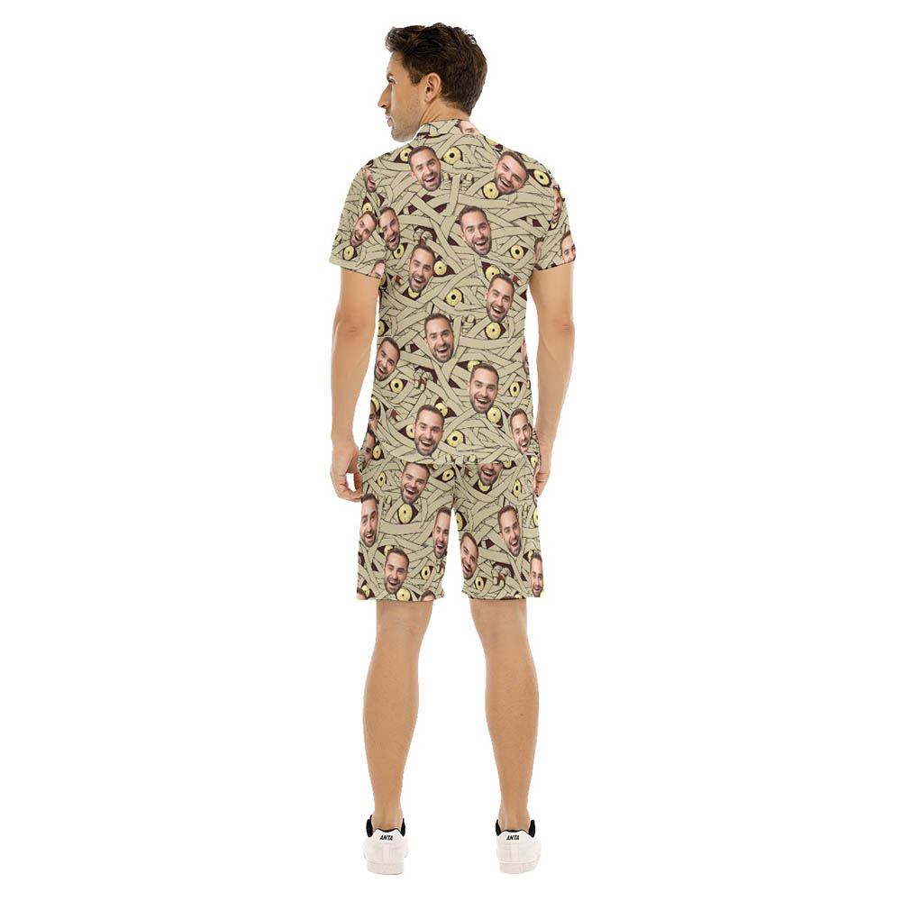 Set Custom Face Halloween Mummy Hawaiian Shirt And Shorts For Men