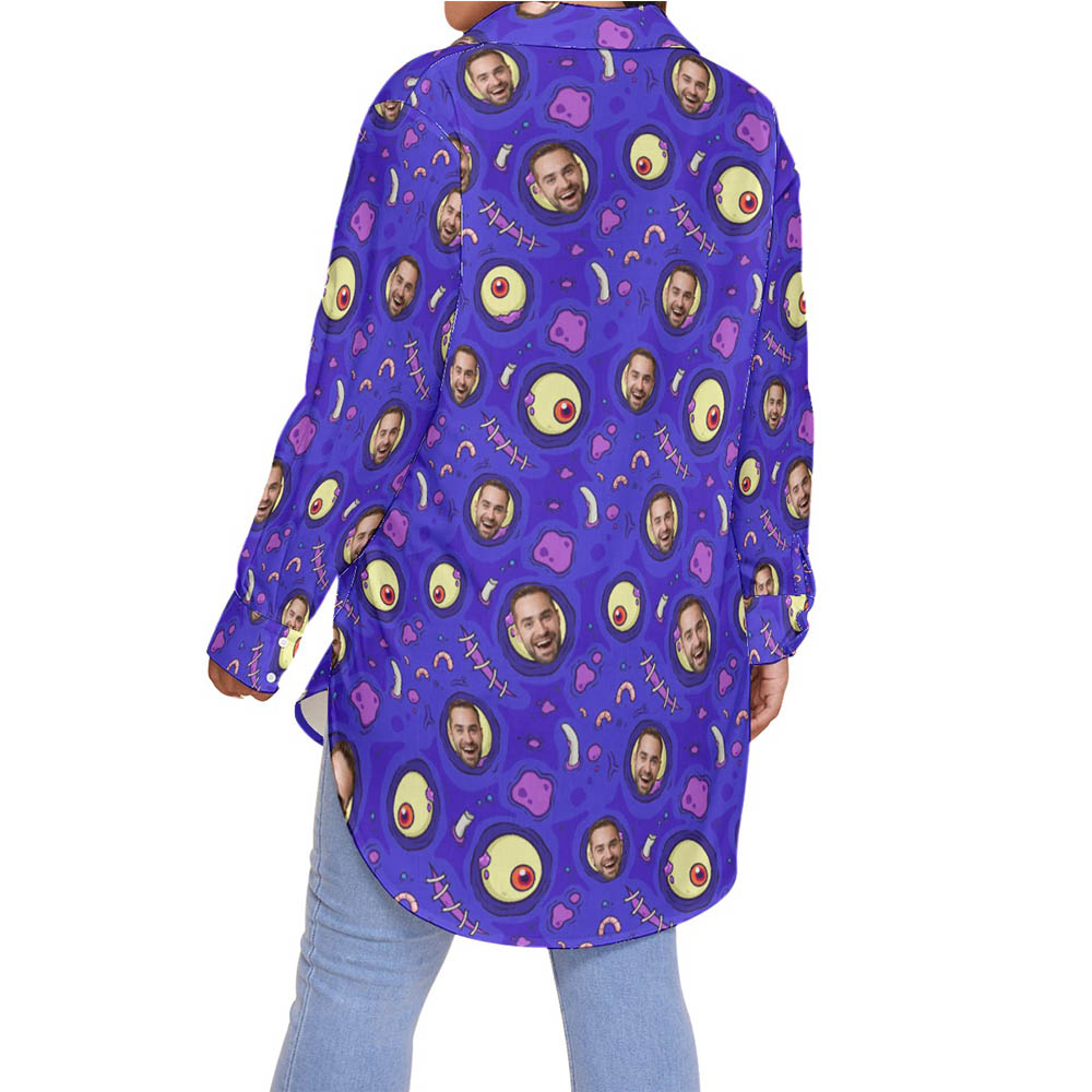 Funny Custom Face Halloween Zombie Skin Purple Hawaiian Plus Size Shirt For Women