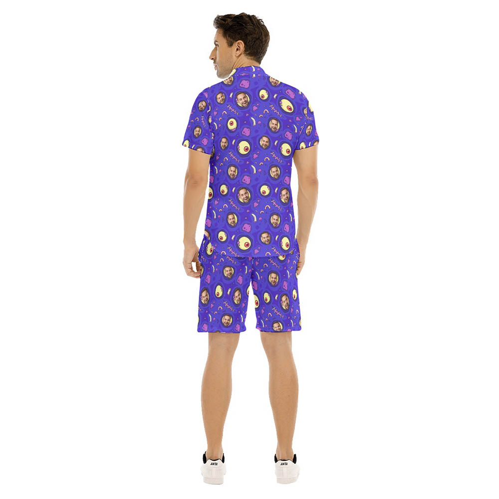 Set Custom Face Halloween Creepy Zombie Skin Purple Hawaiian Shirt And Shorts