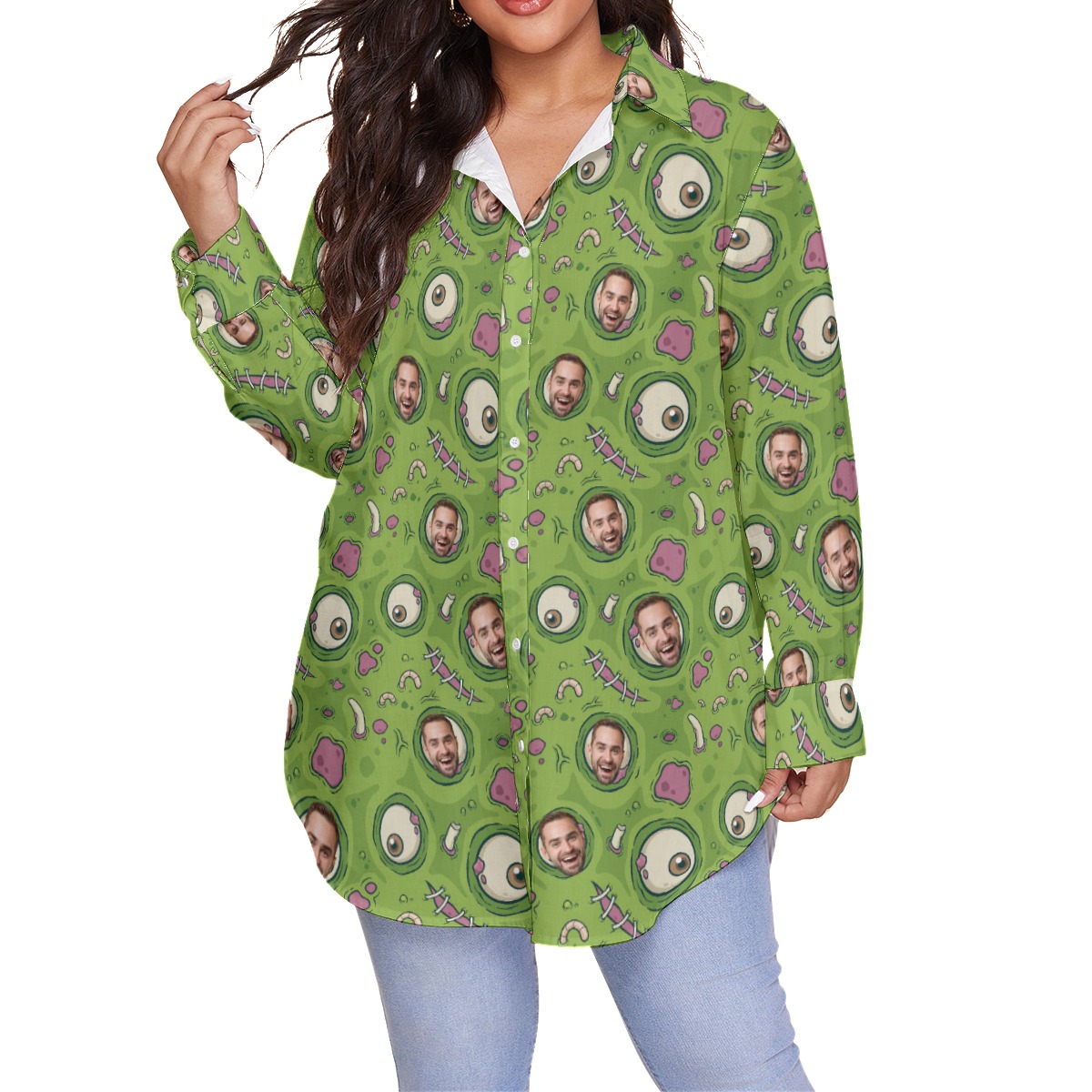 Funny Custom Face Creepy Zombie Skin Hawaiian Plus Size Shirt For Women - variant image 1