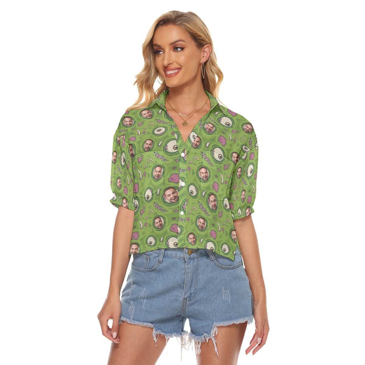 Halloween Creepy Zombie Skin Custom Face Hawaiian Cropped Shirt For Women - variant image 1