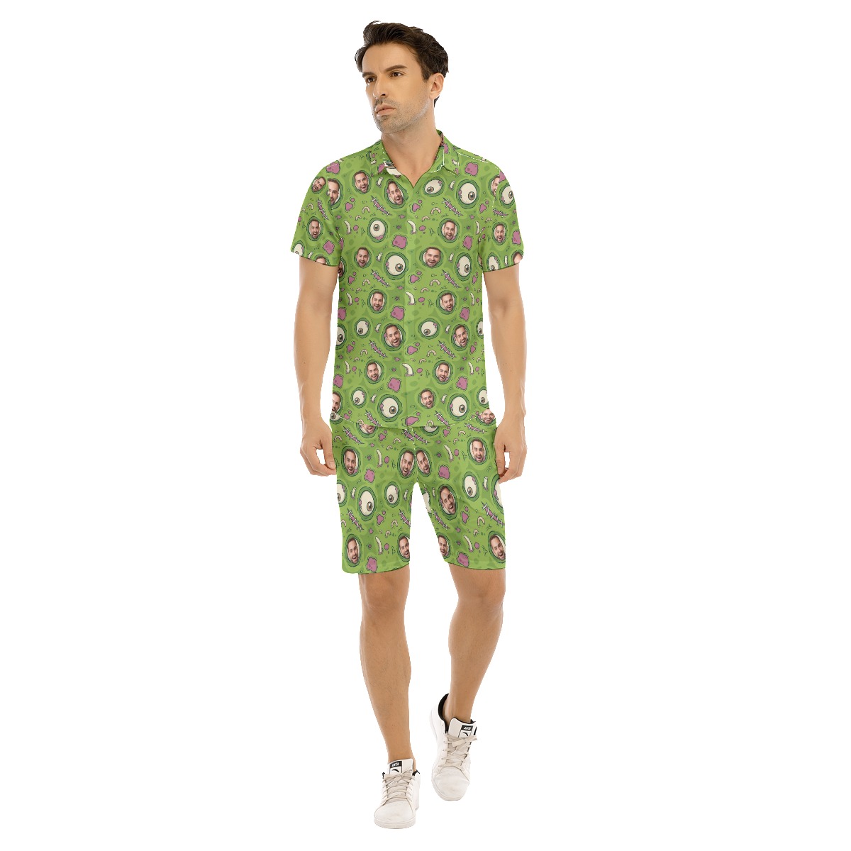 Set Custom Face Creepy Zombie Skin Green Hawaiian Shirt And Shorts For Men - variant image 1