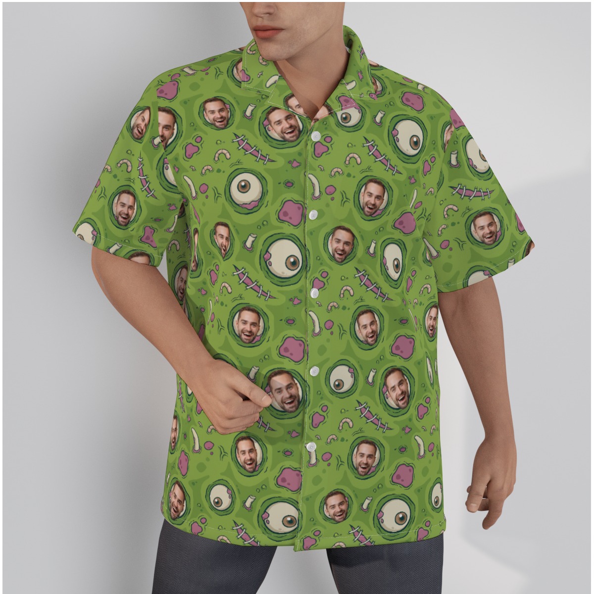 Creepy Zombie Skin Custom Face Green Men's Hawaiian Shirt - variant image 1