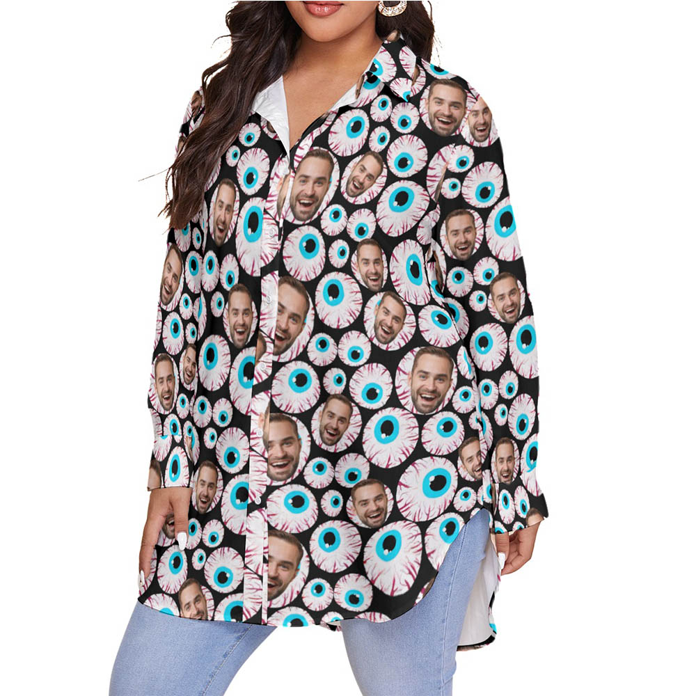 Funny Custom Face Halloween Eyeballs Hawaiian Plus Size Shirt For Women