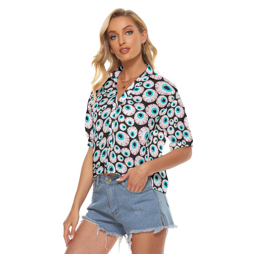 Creepy Eyeballs Halloween Women's Hawaiian Crop Top Shirt