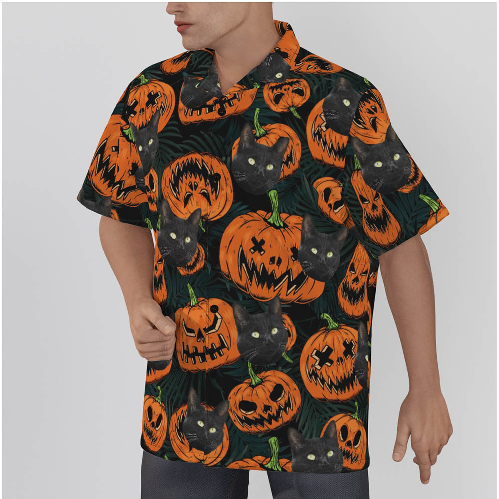 Spooky Halloween Hawaiian Shirt With Cat Face
