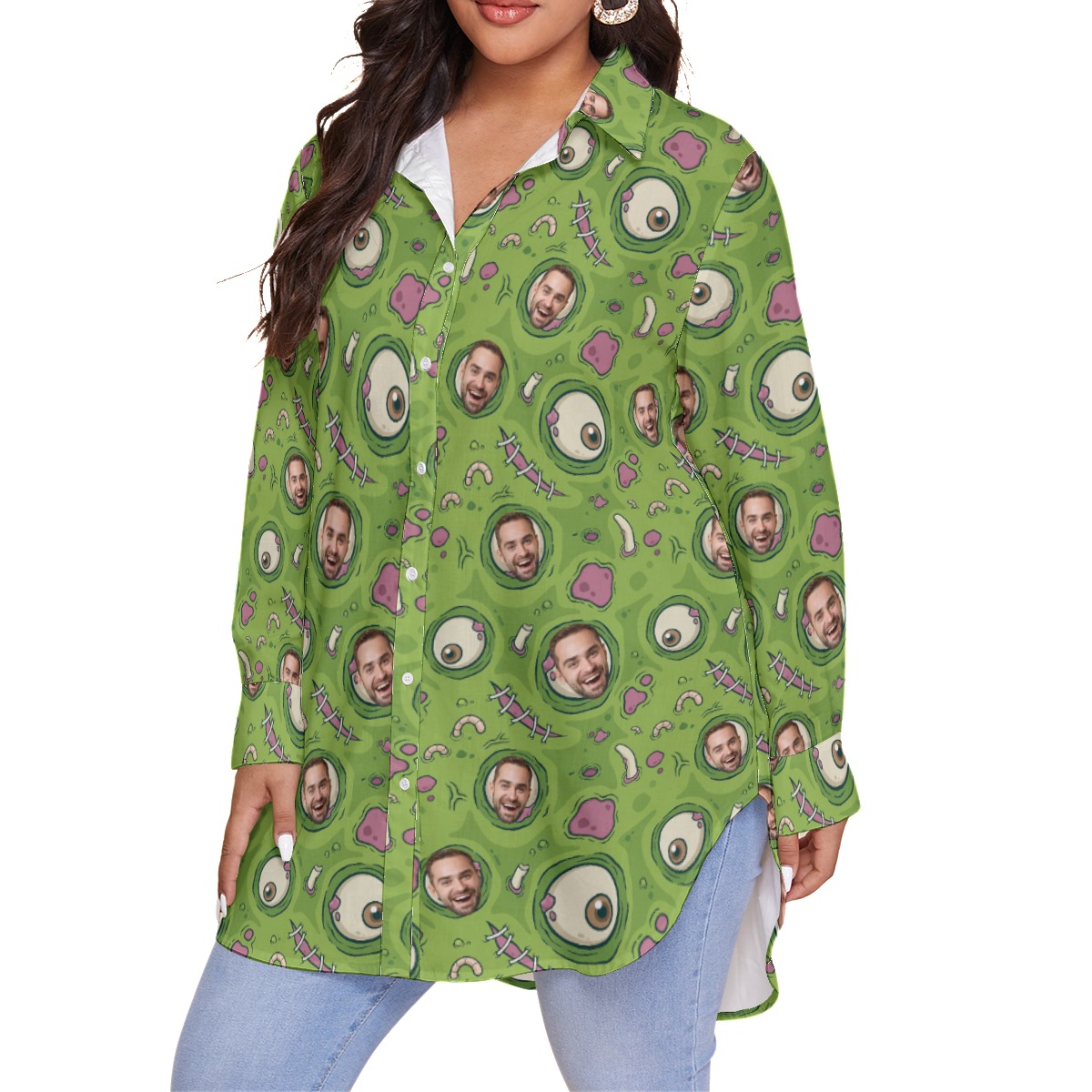 Funny Custom Face Creepy Zombie Skin Hawaiian Plus Size Shirt For Women