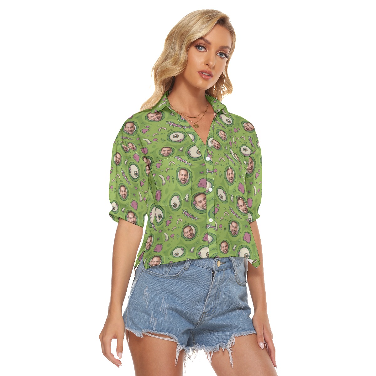 Halloween Creepy Zombie Skin Custom Face Hawaiian Cropped Shirt For Women