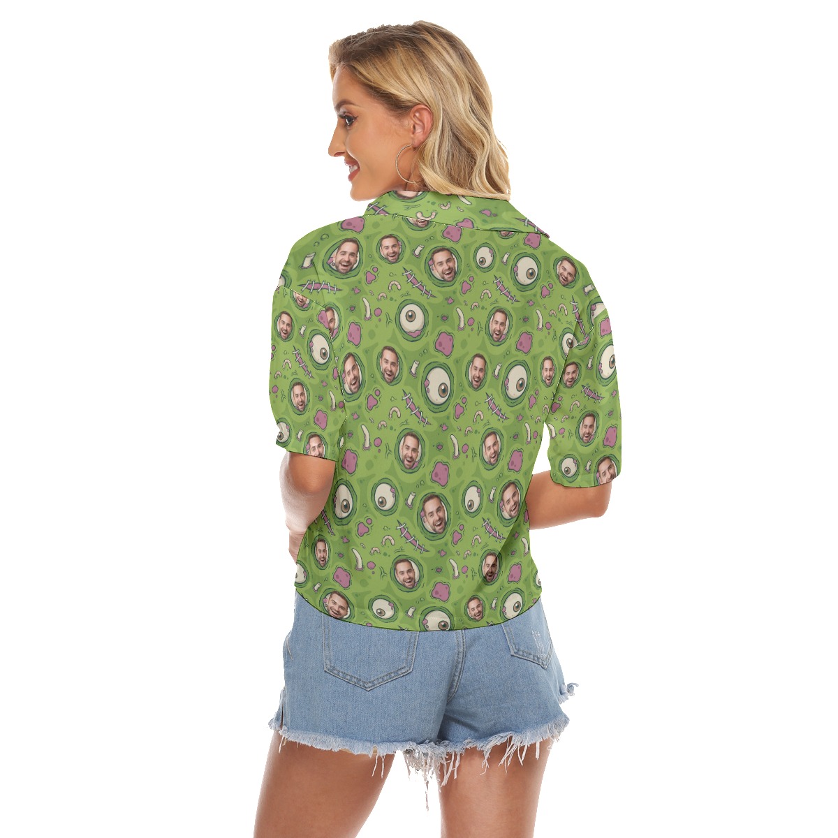 Halloween Creepy Zombie Skin Custom Face Hawaiian Cropped Shirt For Women