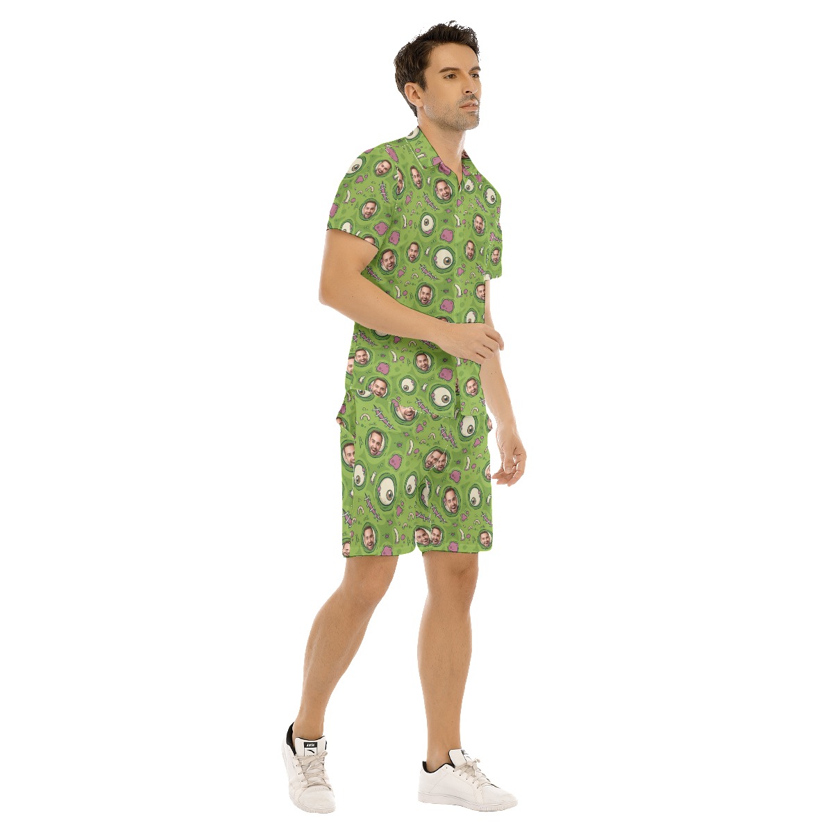 Set Custom Face Creepy Zombie Skin Green Hawaiian Shirt And Shorts For Men