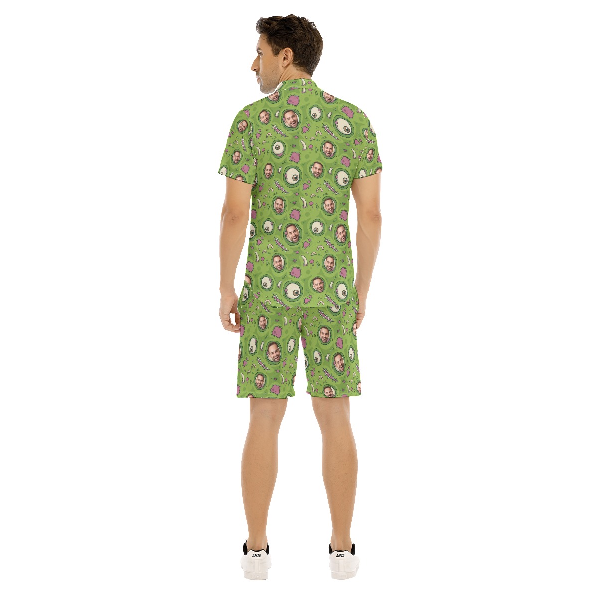 Set Custom Face Creepy Zombie Skin Green Hawaiian Shirt And Shorts For Men
