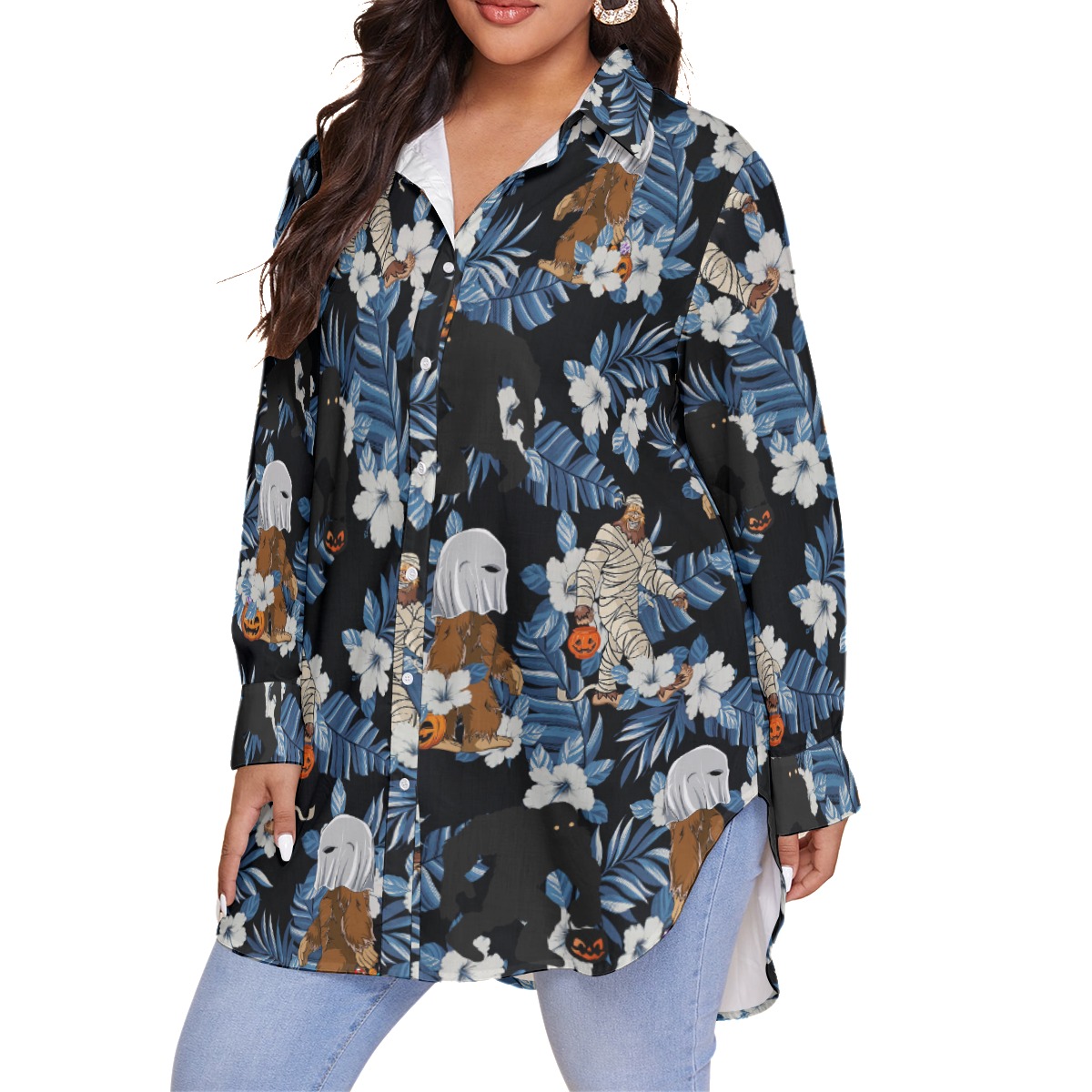 Tropical Bigfoot Mummy Costume Hawaiian Plus Size Shirt For Women