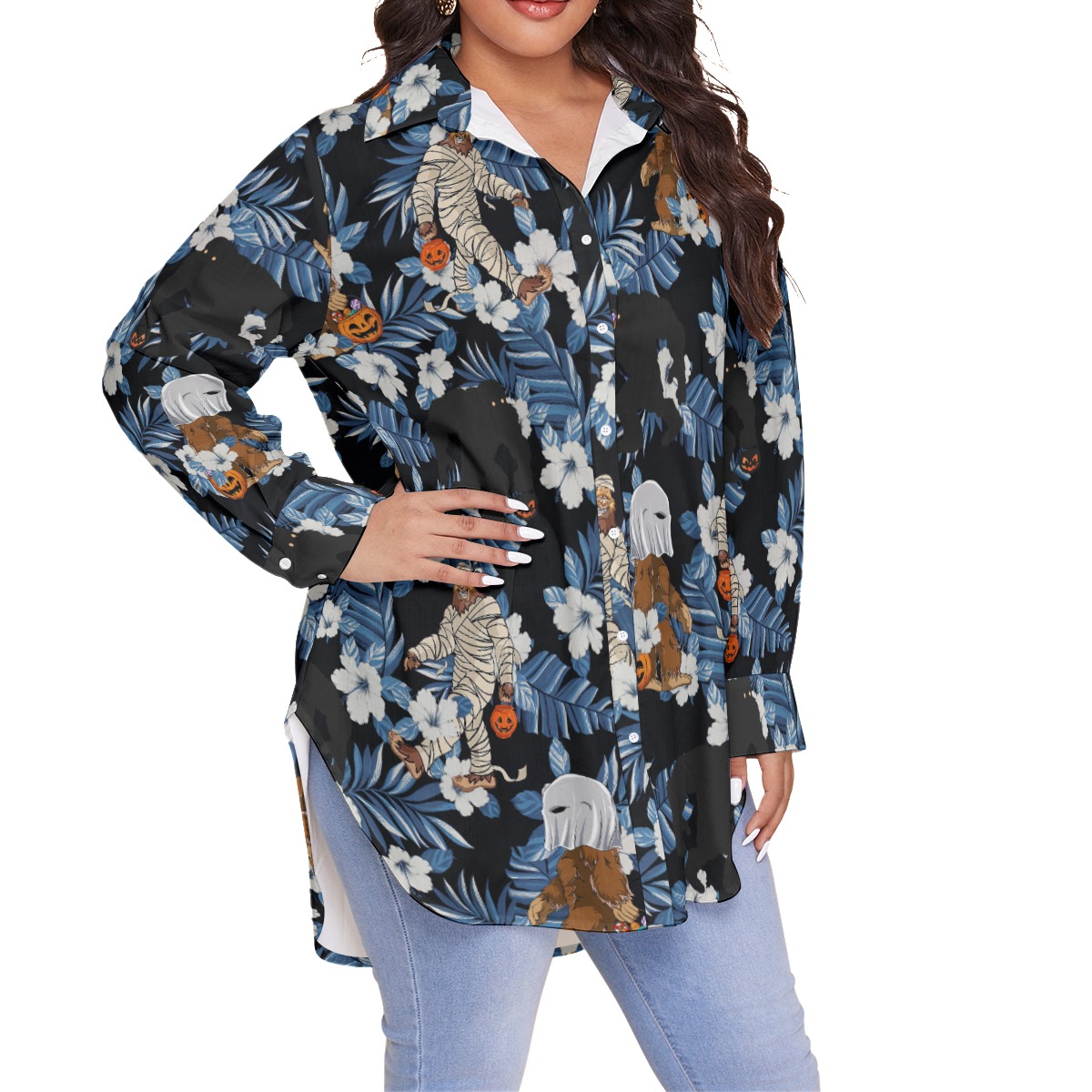 Tropical Bigfoot Mummy Costume Hawaiian Plus Size Shirt For Women