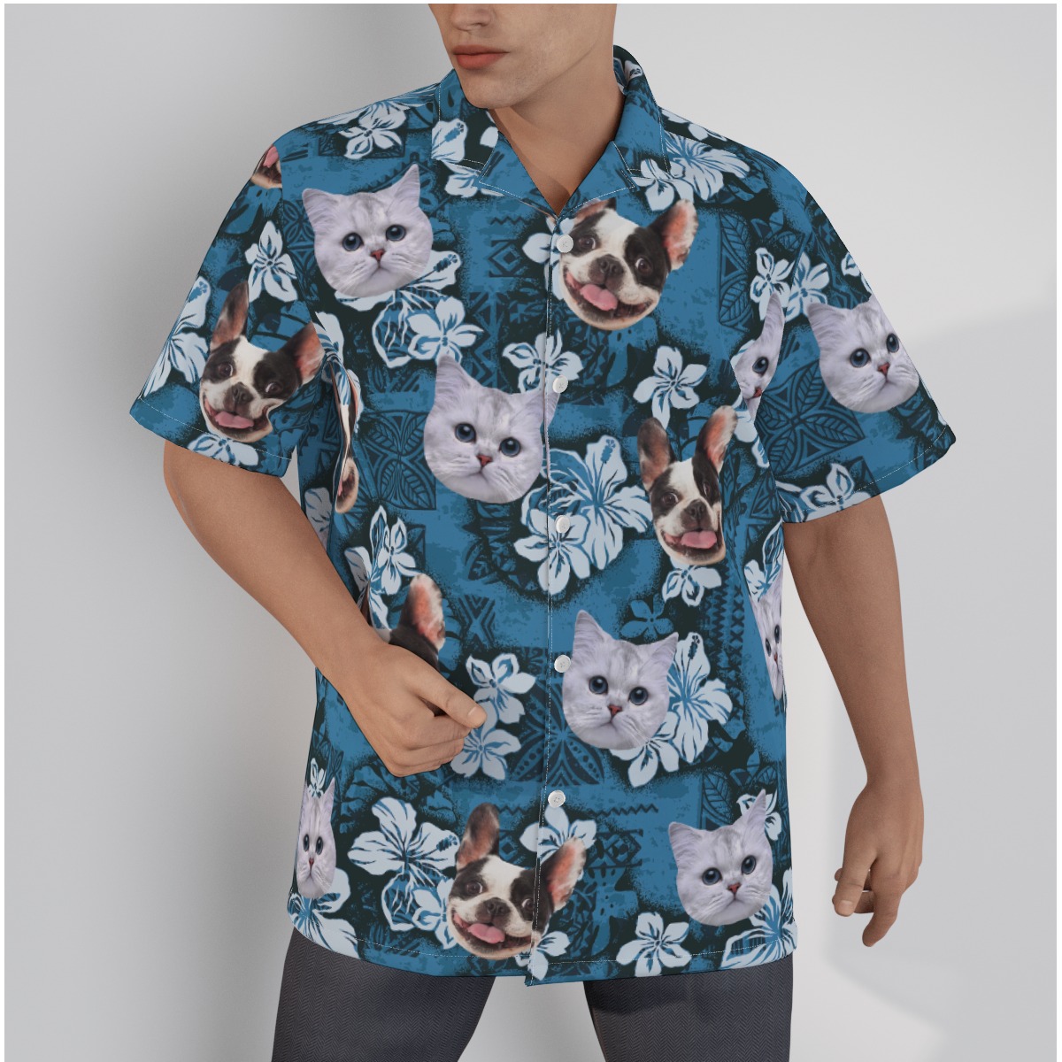 Vintage Blue Hawaiian Shirt With Cat Face - variant image 1