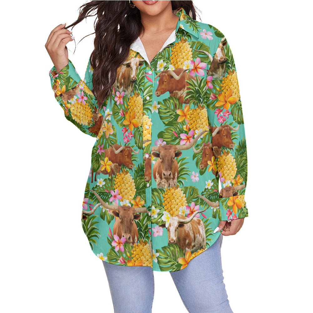Tropical Pineapple Texas Longhorn Cow Hawaiian Plus Size Shirt For Women - variant image 1