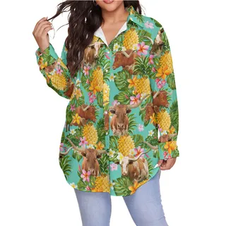 Tropical Pineapple Texas Longhorn Cow Hawaiian Plus Size Shirt For Women