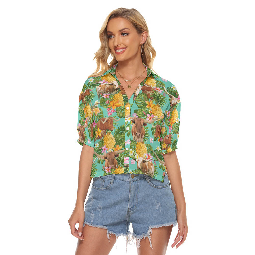 Funny Texas Longhorn Cow Pineapple Tropical Hawaiian Cropped Shirt For Women - variant image 1