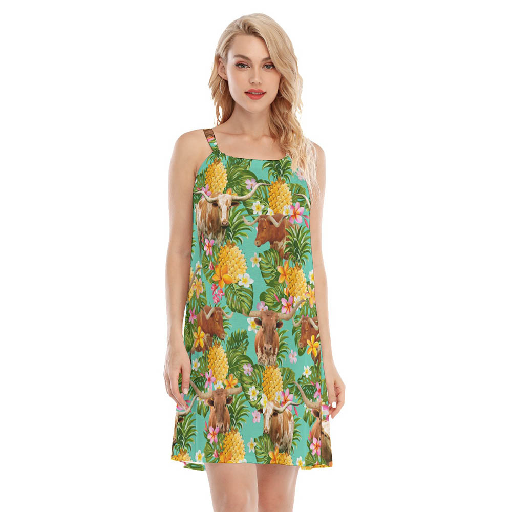 Tropical Pineapple Longhorn Cow Hawaiian Cami Dress For Women - variant image 1