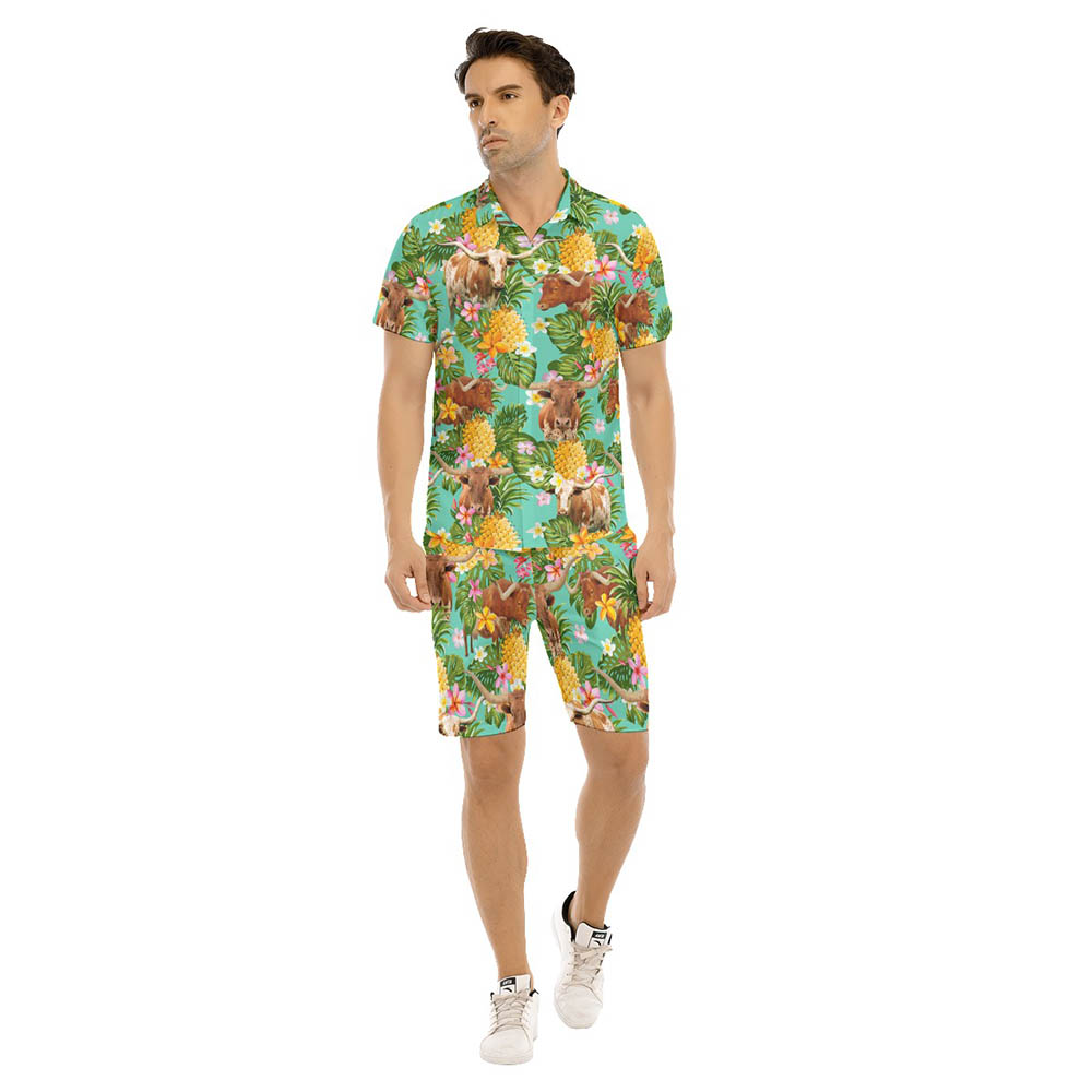 Set Tropical Pineapple Texas Longhorn Cow Hawaiian Shirt And Matching Shorts For Men - variant image 1