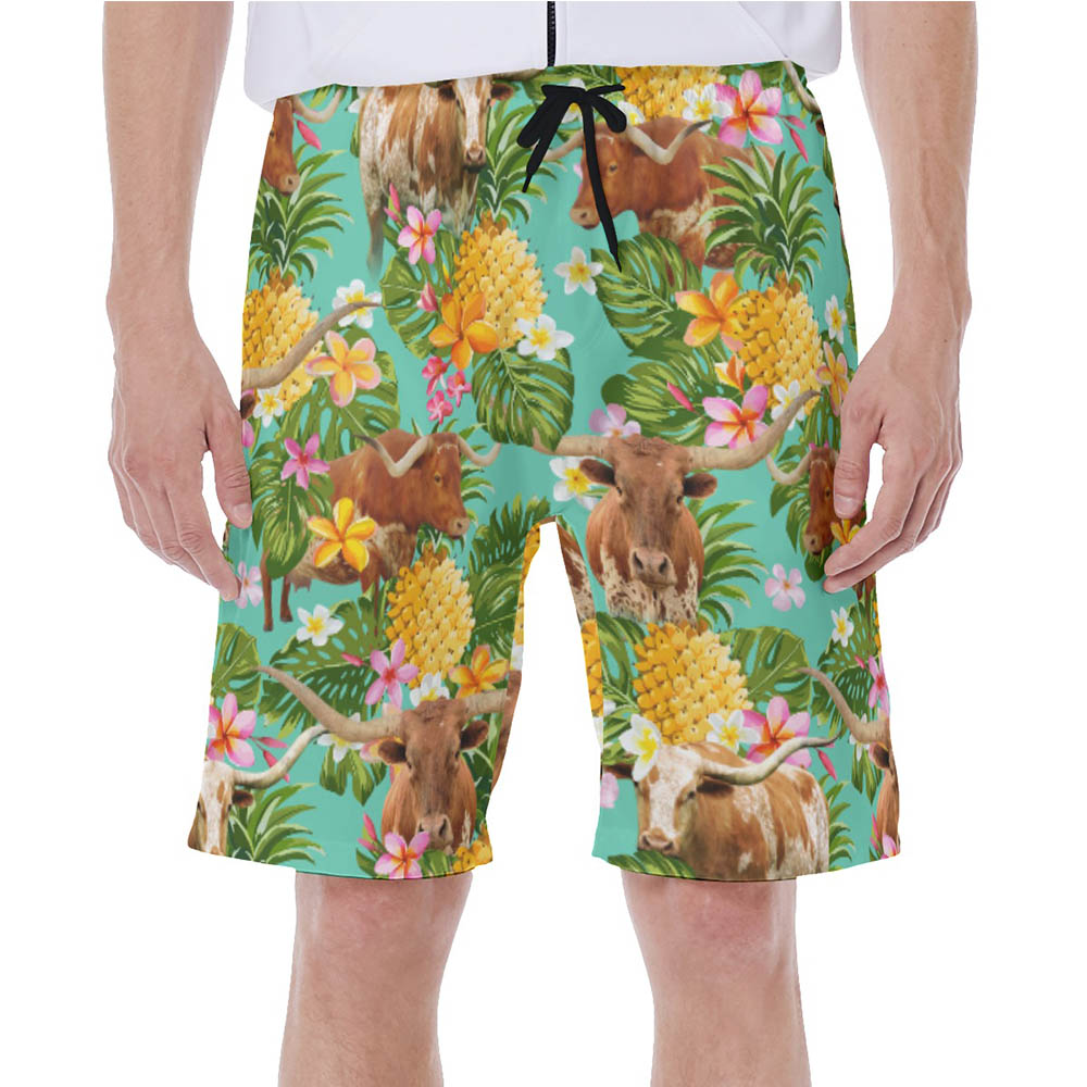 Tropical Pineapple Longhorn Texas Cow Hawaiian Swim Trunks For Men - variant image 1