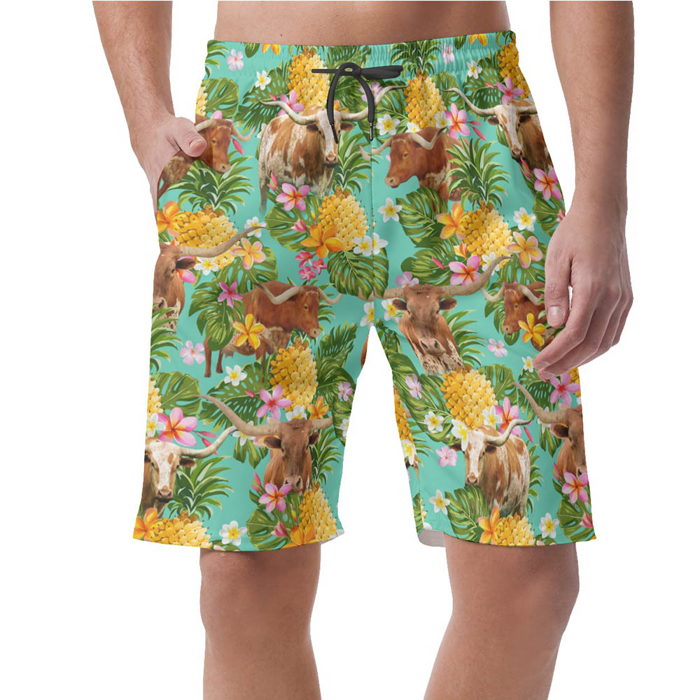 Tropical Pineapple Longhorn Cow Hawaiian Beach Shorts For Men - variant image 1