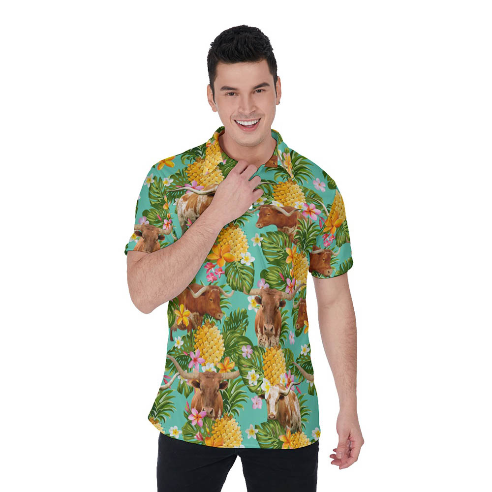 Funny Longhorn Cow Tropical Pineapple Hawaiian Polo Shirt - variant image 1
