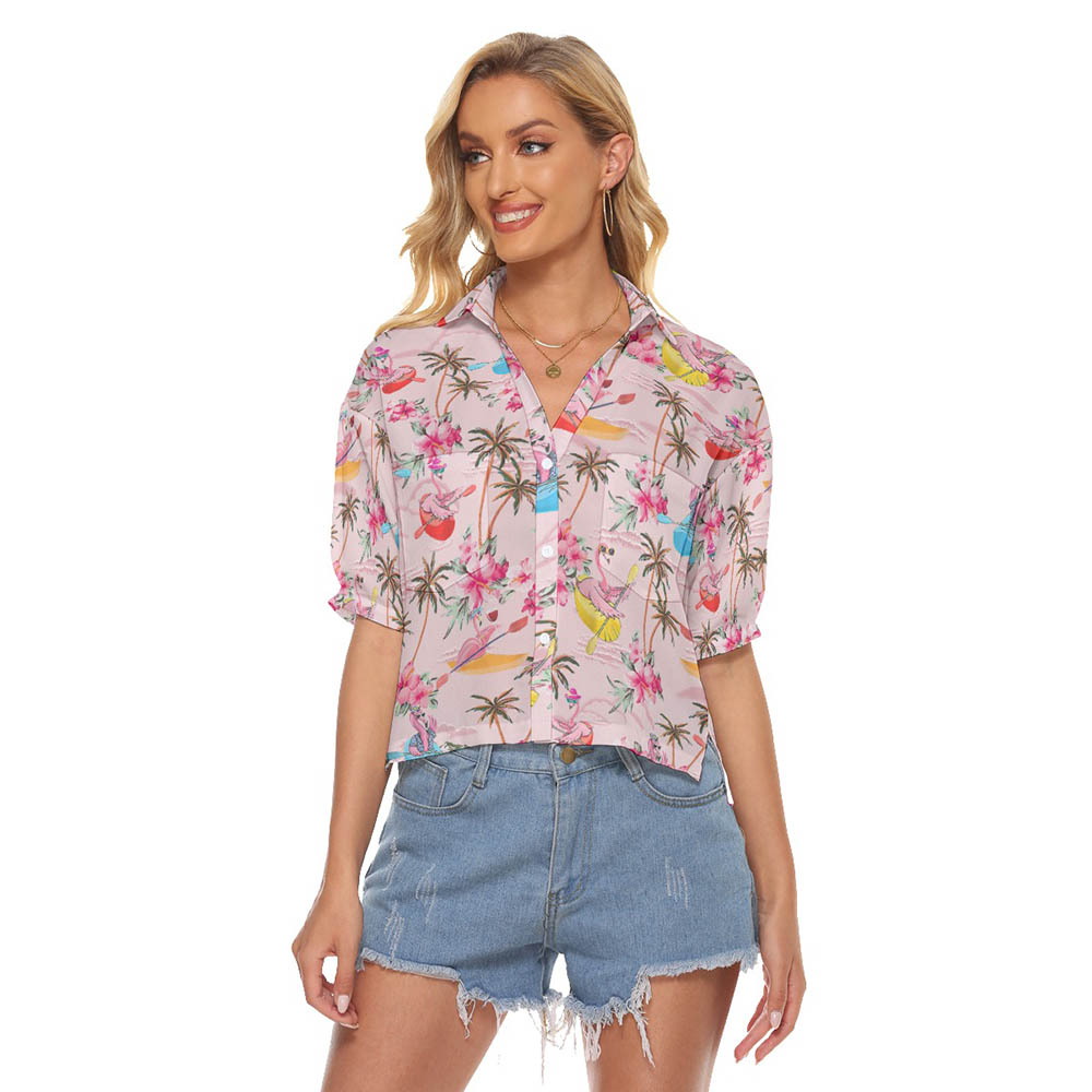 Tropical Hibiscus Flamingo Kayaking Aloha Crop Top Shirt For Women - variant image 1