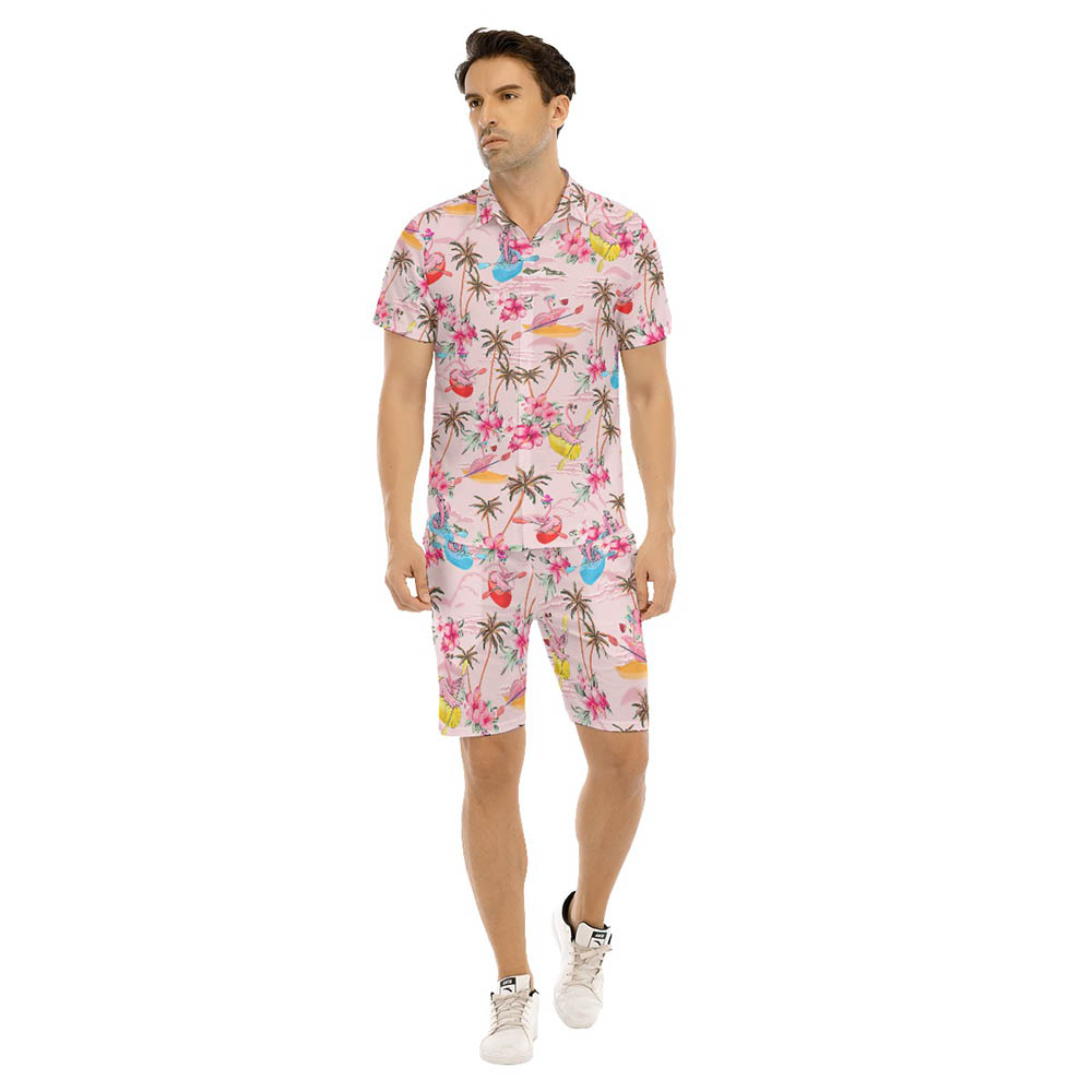 Set Tropical Flamingo Kayaking Hibiscus Hawaiian Shirt And Matching Shorts For Men - variant image 1