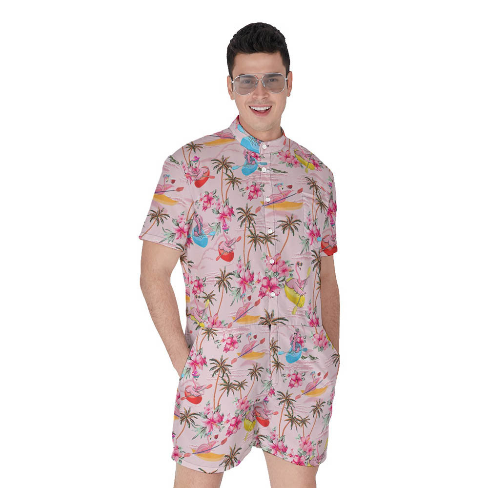 Funny Flamingo Kayaking Tropical Hibiscus Pink Hawaiian Romper For Men - variant image 1