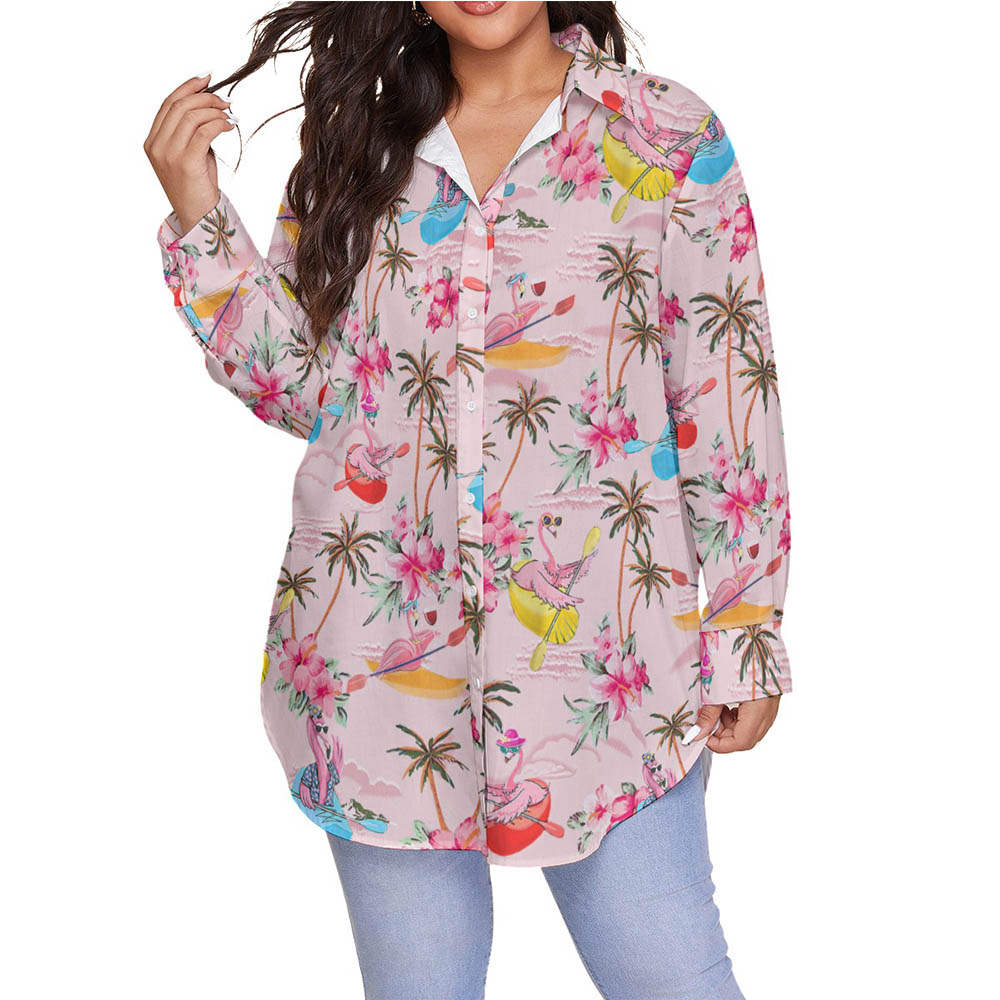 Funny Flamingo Kayaking Floral Pink Hawaiian Plus Size Shirt For Women - variant image 1