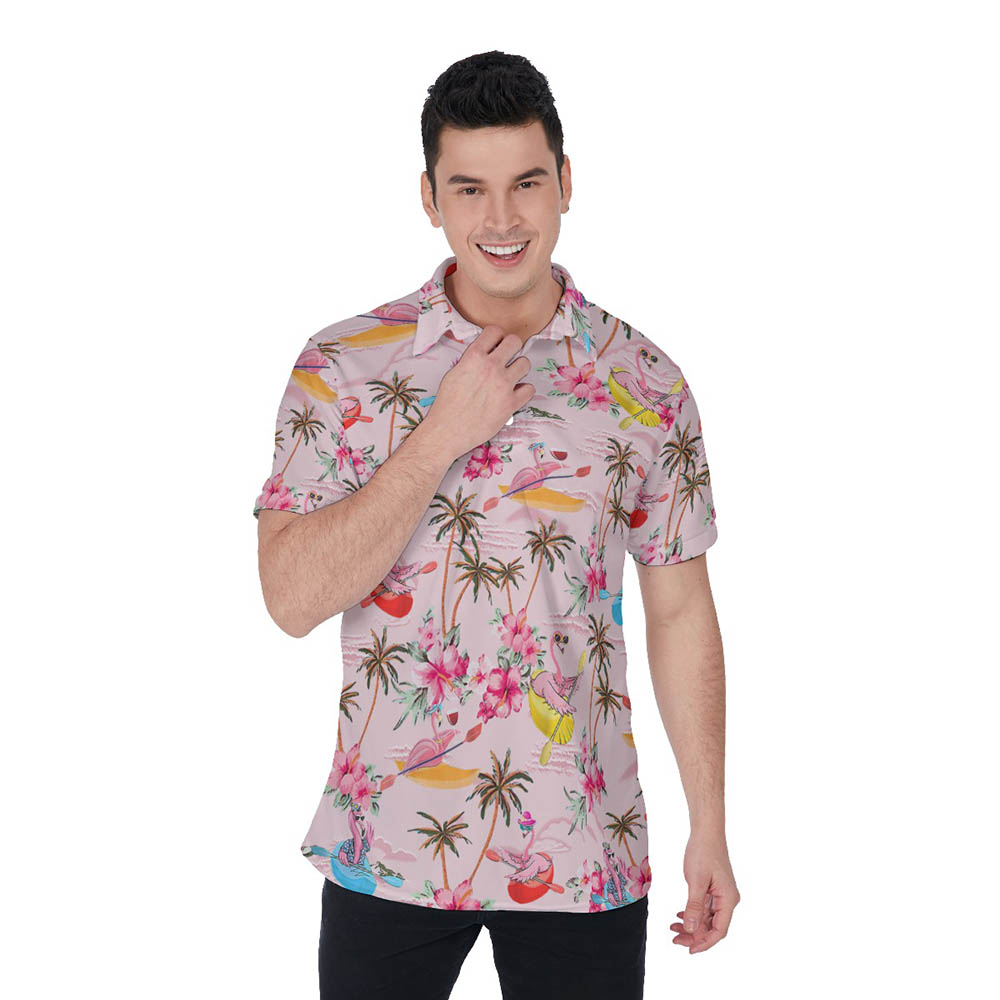 Tropical Hibiscus Flamingo Kayaking Hawaiian Polo Shirt For Men - variant image 1