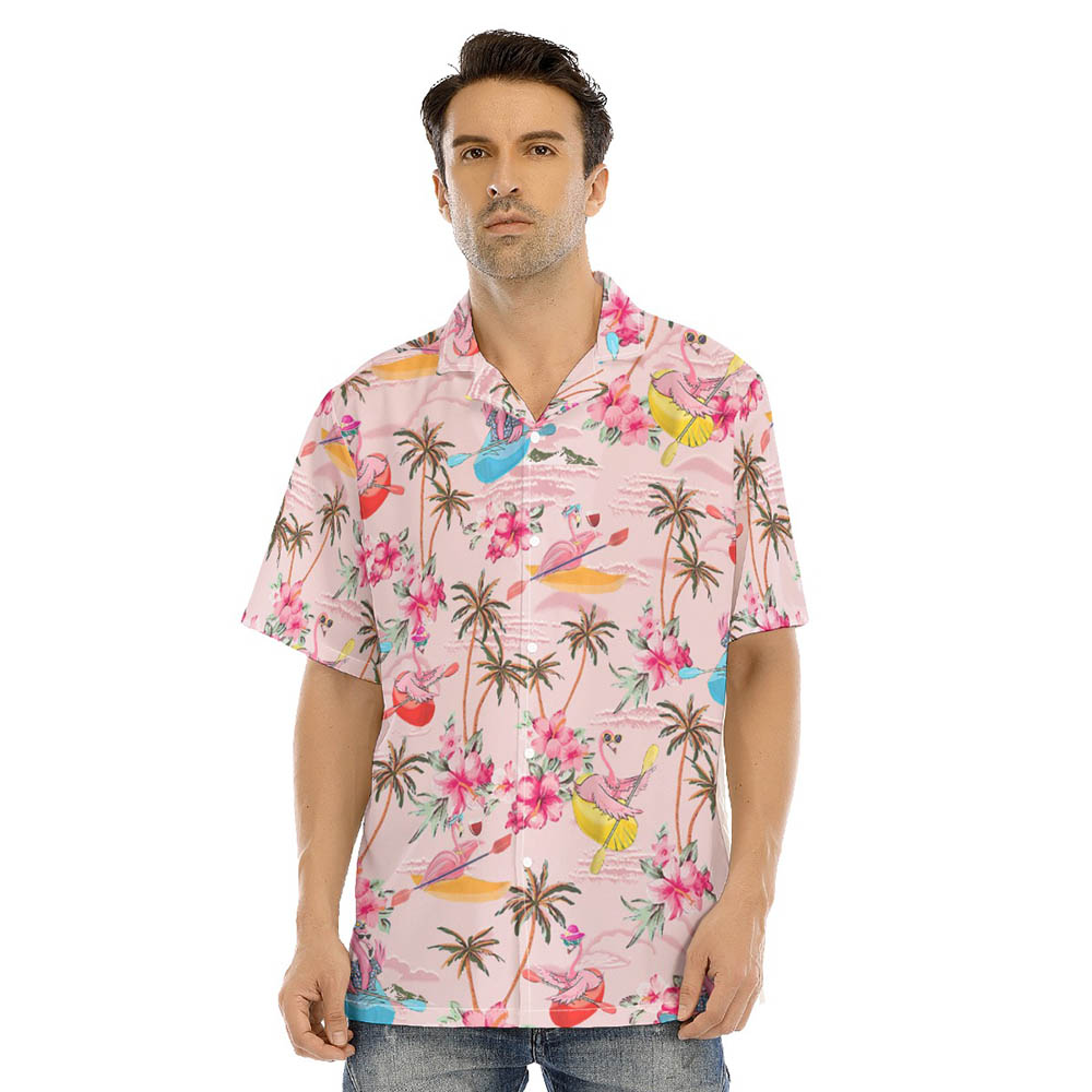 Funny Flamingo Kayaking Tropical Hibiscus Pink Hawaiian Shirt - variant image 1
