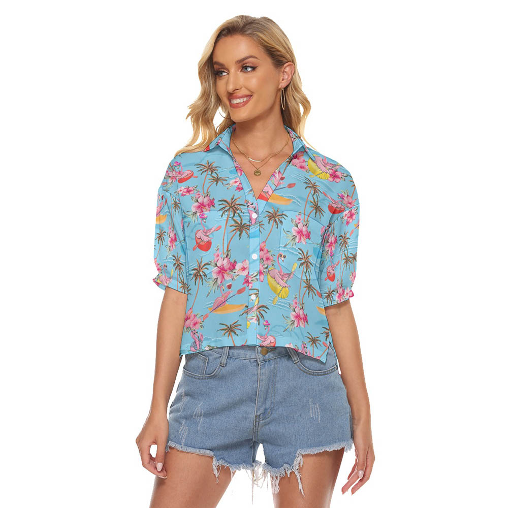 Funny Flamingo Kayaking Tropical Blue Hawaiian Crop Top Shirt For Women - variant image 1