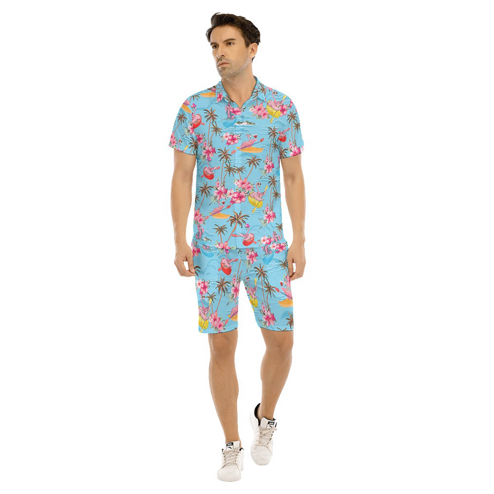 Set Flamingo Kayaking Coconut Trees Floral Hawaiian Shirt And Matching Shorts - variant image 1