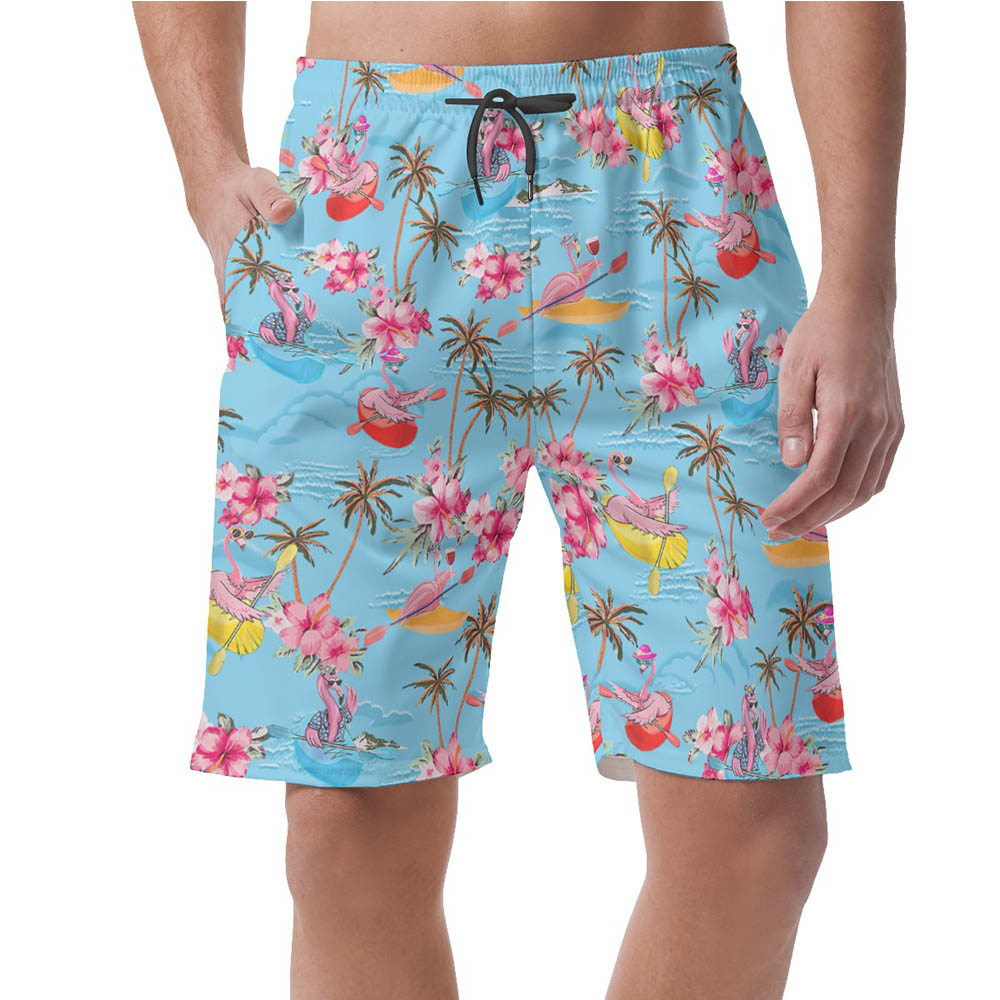 Tropical Flamingo Kayaking Blue Hawaiian Beach Shorts For Men - variant image 1