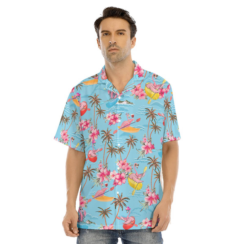 Kayaking Flamingo Palm Trees Blue Hawaiian Shirt - variant image 1