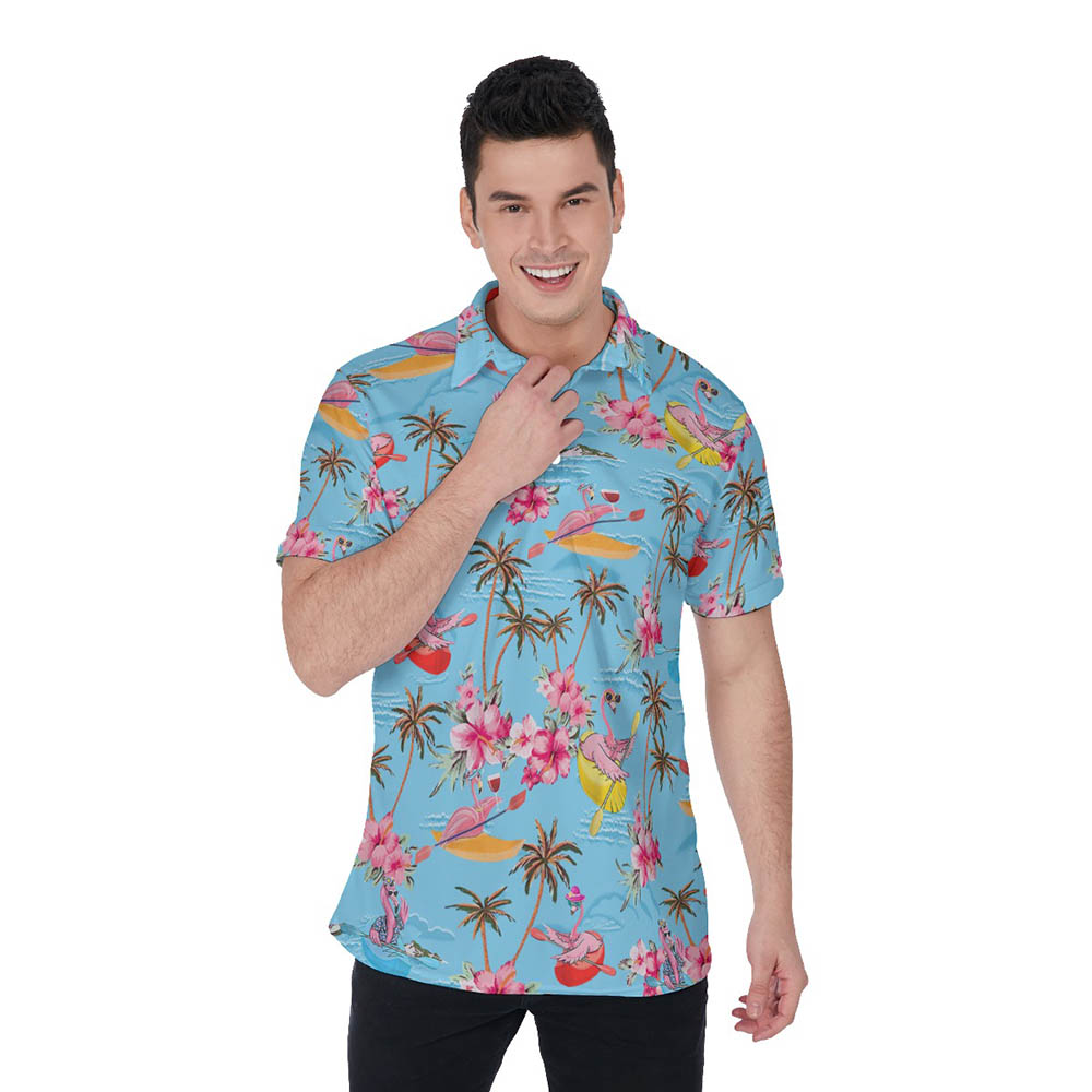 Funny Flamingo Kayaking Tropical Blue Hawaiian Polo Shirt For Men - variant image 1