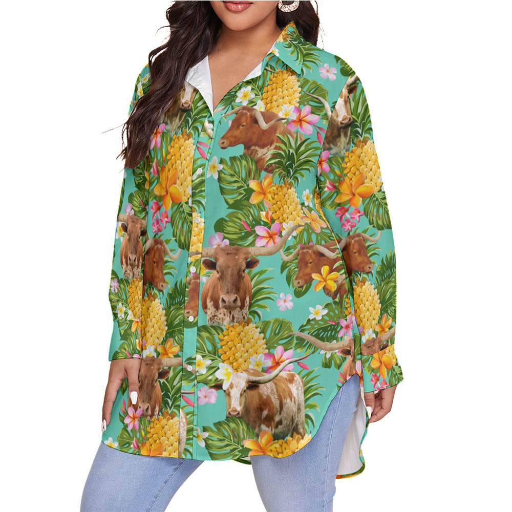 Tropical Pineapple Texas Longhorn Cow Hawaiian Plus Size Shirt For Women