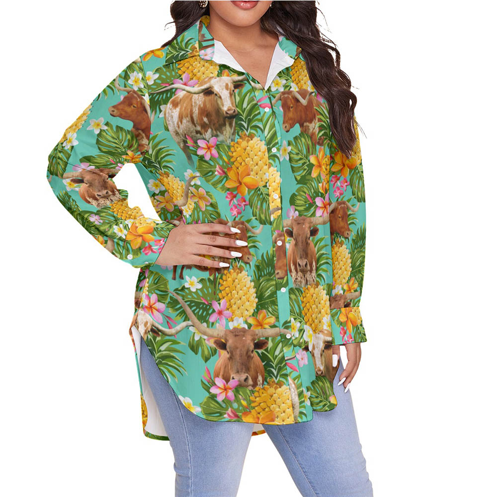 Tropical Pineapple Texas Longhorn Cow Hawaiian Plus Size Shirt For Women