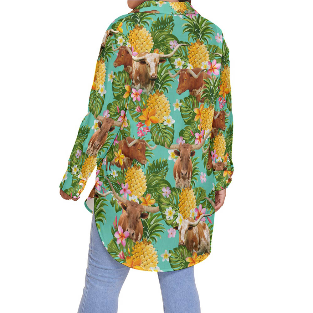 Tropical Pineapple Texas Longhorn Cow Hawaiian Plus Size Shirt For Women