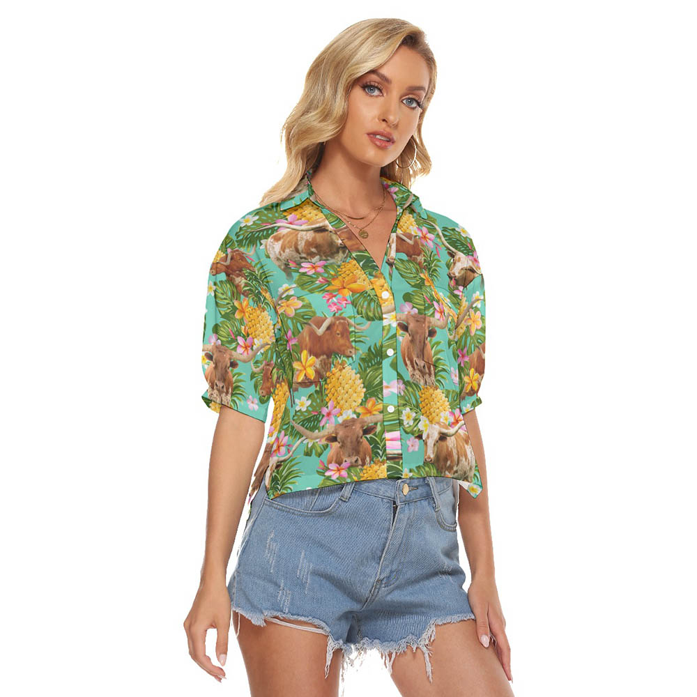 Funny Texas Longhorn Cow Pineapple Tropical Hawaiian Cropped Shirt For Women