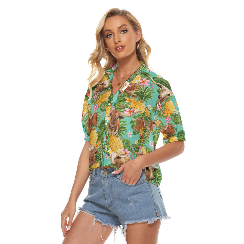 Funny Texas Longhorn Cow Pineapple Tropical Hawaiian Cropped Shirt For Women