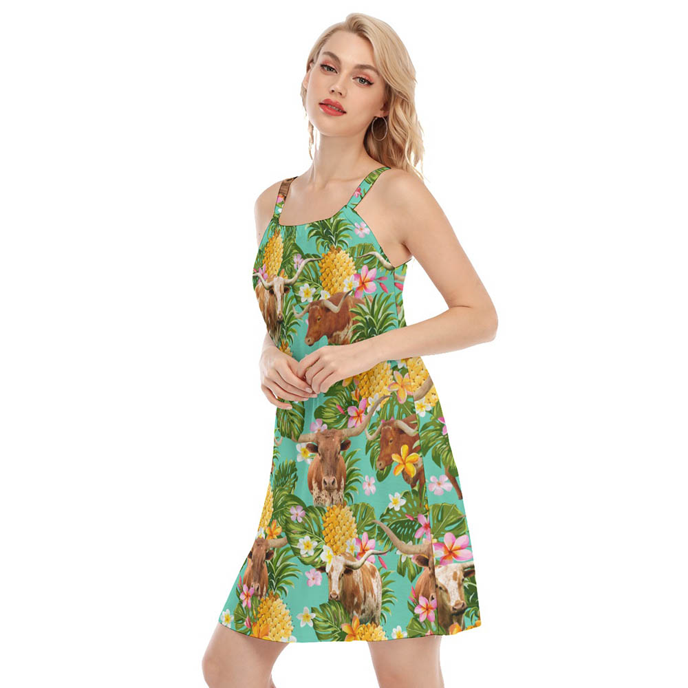Tropical Pineapple Longhorn Cow Hawaiian Cami Dress For Women