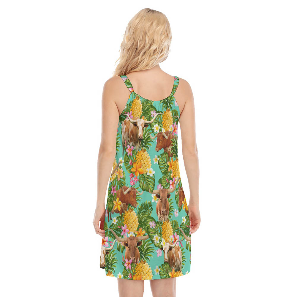 Tropical Pineapple Longhorn Cow Hawaiian Cami Dress For Women