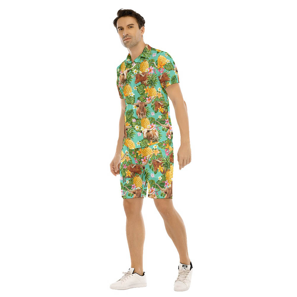 Set Tropical Pineapple Texas Longhorn Cow Hawaiian Shirt And Matching Shorts For Men